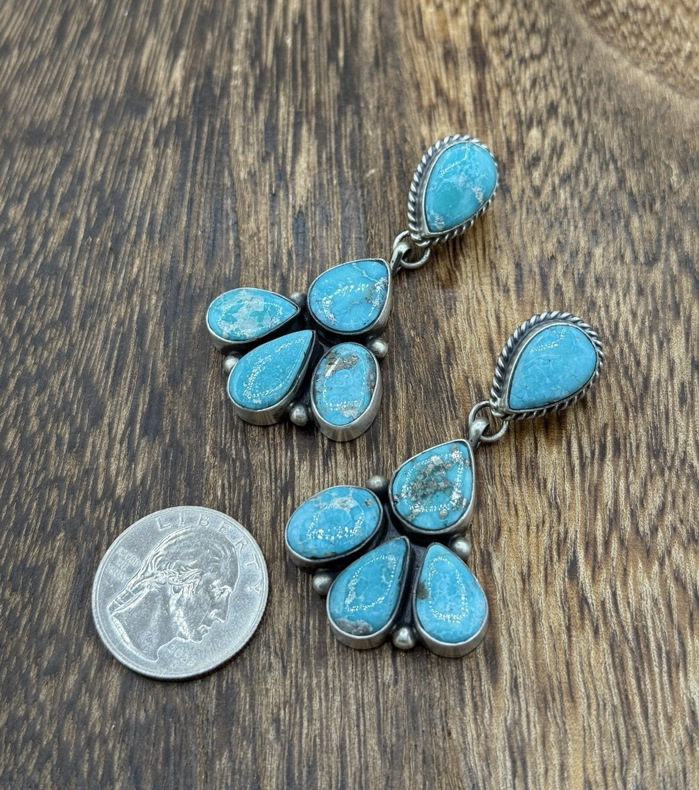 Navajo Handmade Sterling Silver Blue Bird Turquoise Cluster Post Dangle Earrings