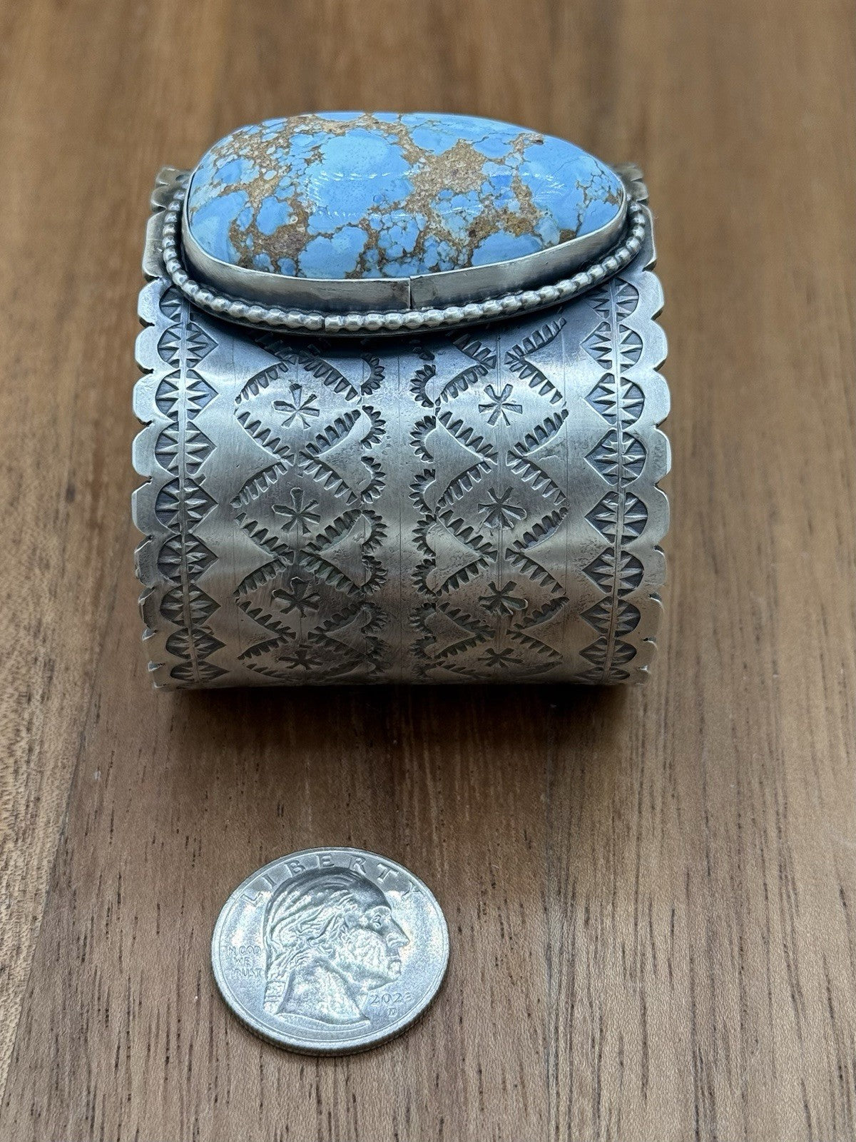 Navajo Handmade Sterling Silver Golden Hills Turquoise Stamped Cuff Bracelet