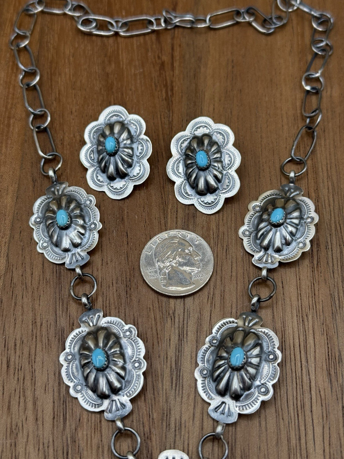 Navajo Handmade Sterling Silver Stamped Concho Turquoise Lariat Necklace Set 24”