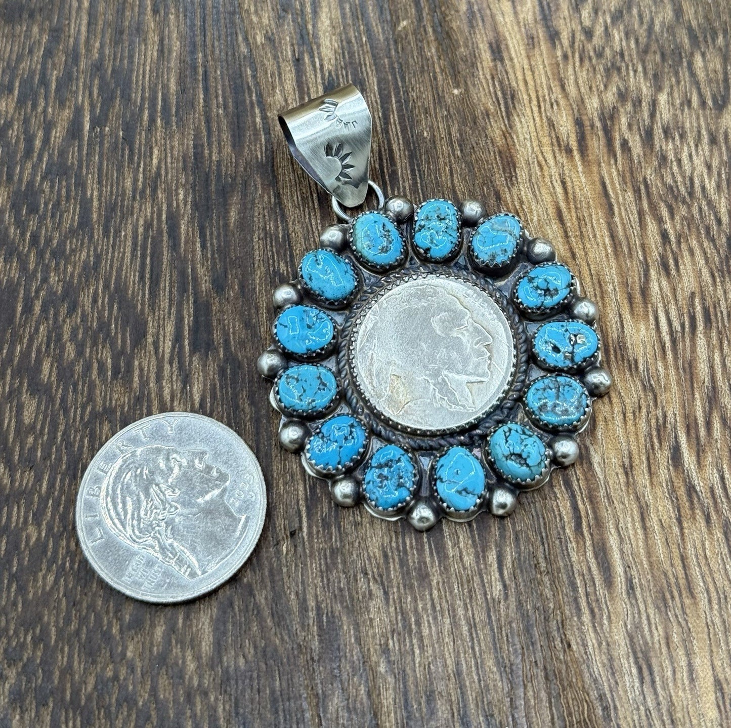 Navajo Handmade Sterling Silver Kingman Turquoise Cluster Buffalo Coin Pendant