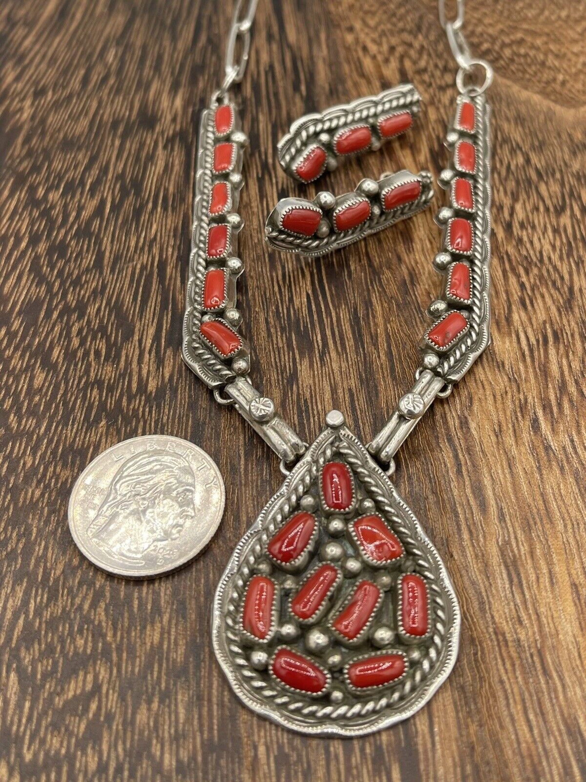 Native American Sterling Silver Navajo Handmade Red Coral Necklace Set