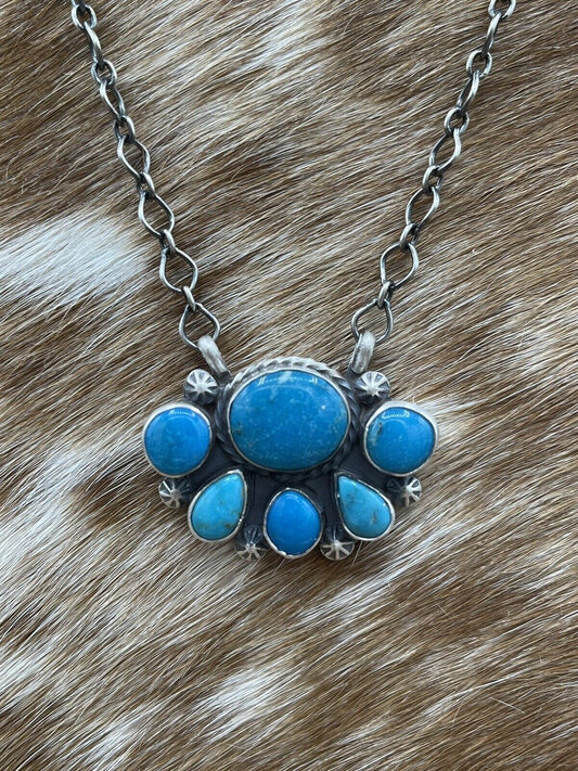 Native American Navajo Handmade Silver Turquoise Half Cluster Bar Necklace 18