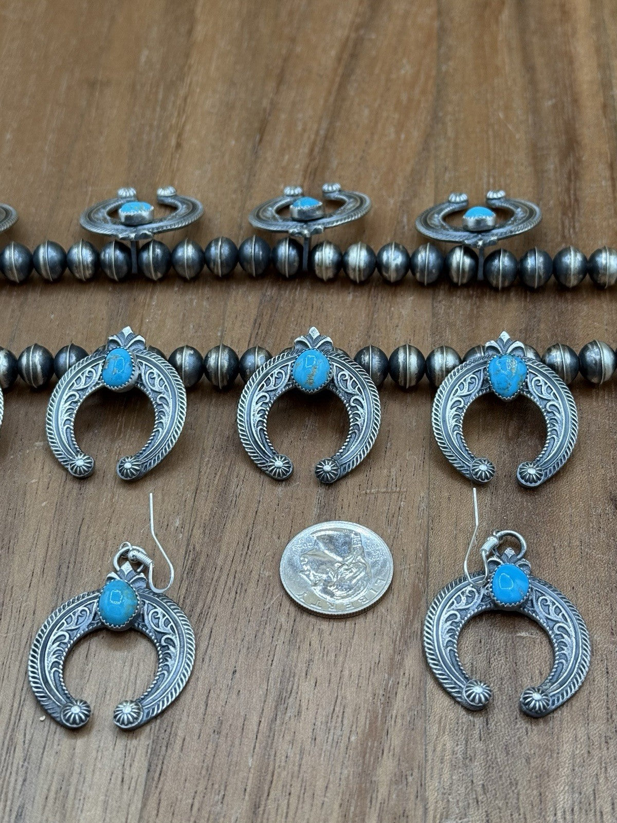Navajo Handmade Sterling Silver Kingman Turquoise Squash Blossom Set By Kevin B.