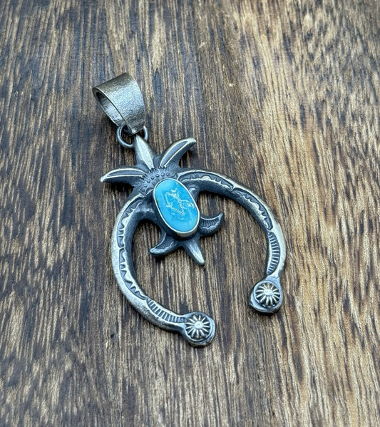 Navajo Handmade Sterling Silver Old Look Sonoran Gold Turquoise Naja Pendant