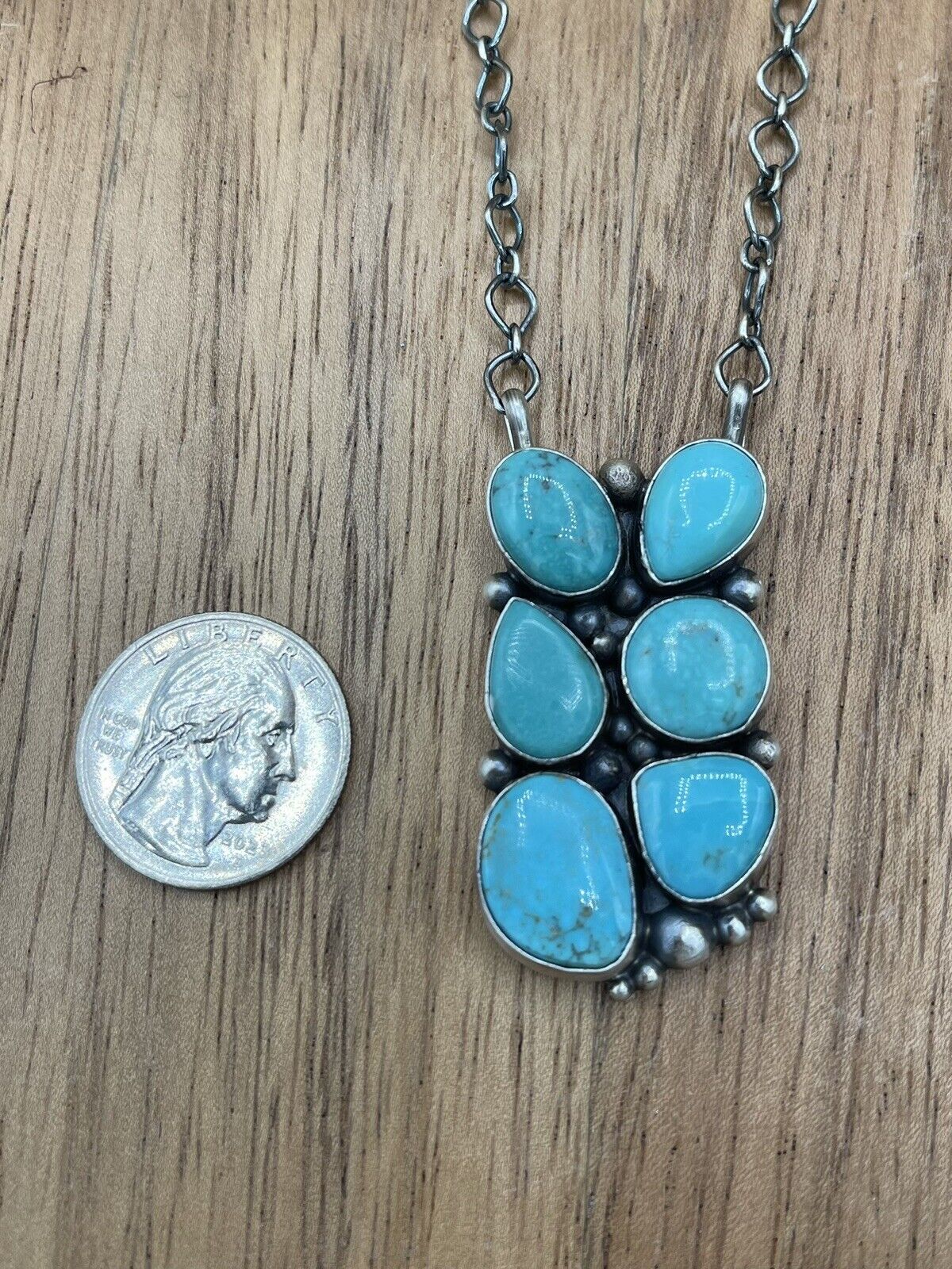 Native American Navajo Handmade Silver Turquoise Cluster Bar Necklace 18 Inch