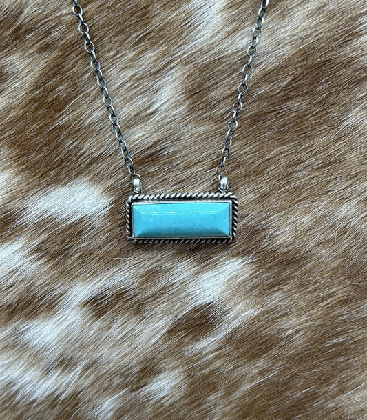 Navajo Handmade Sterling Silver Kingman Turquoise Bar Necklace 16”