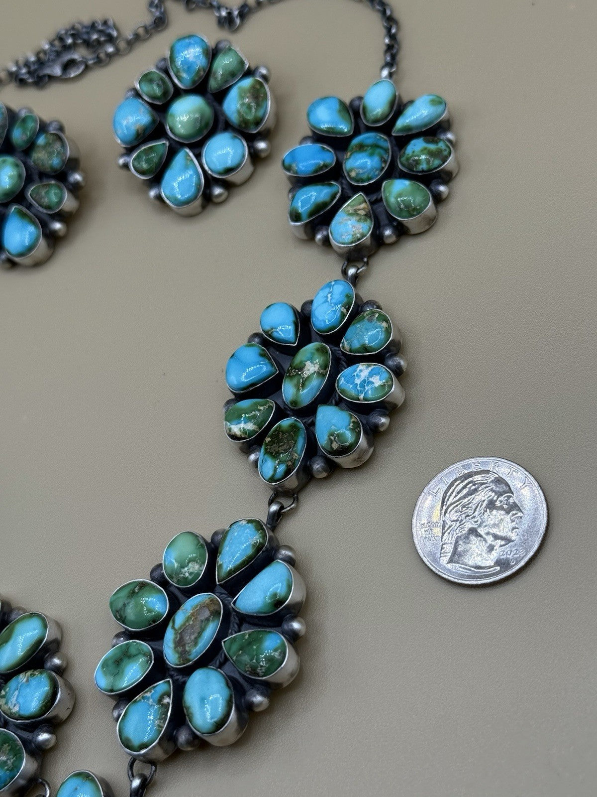 Navajo Handmade Sterling Silver Sonoran Turquoise Cluster Lariat Necklace 24”