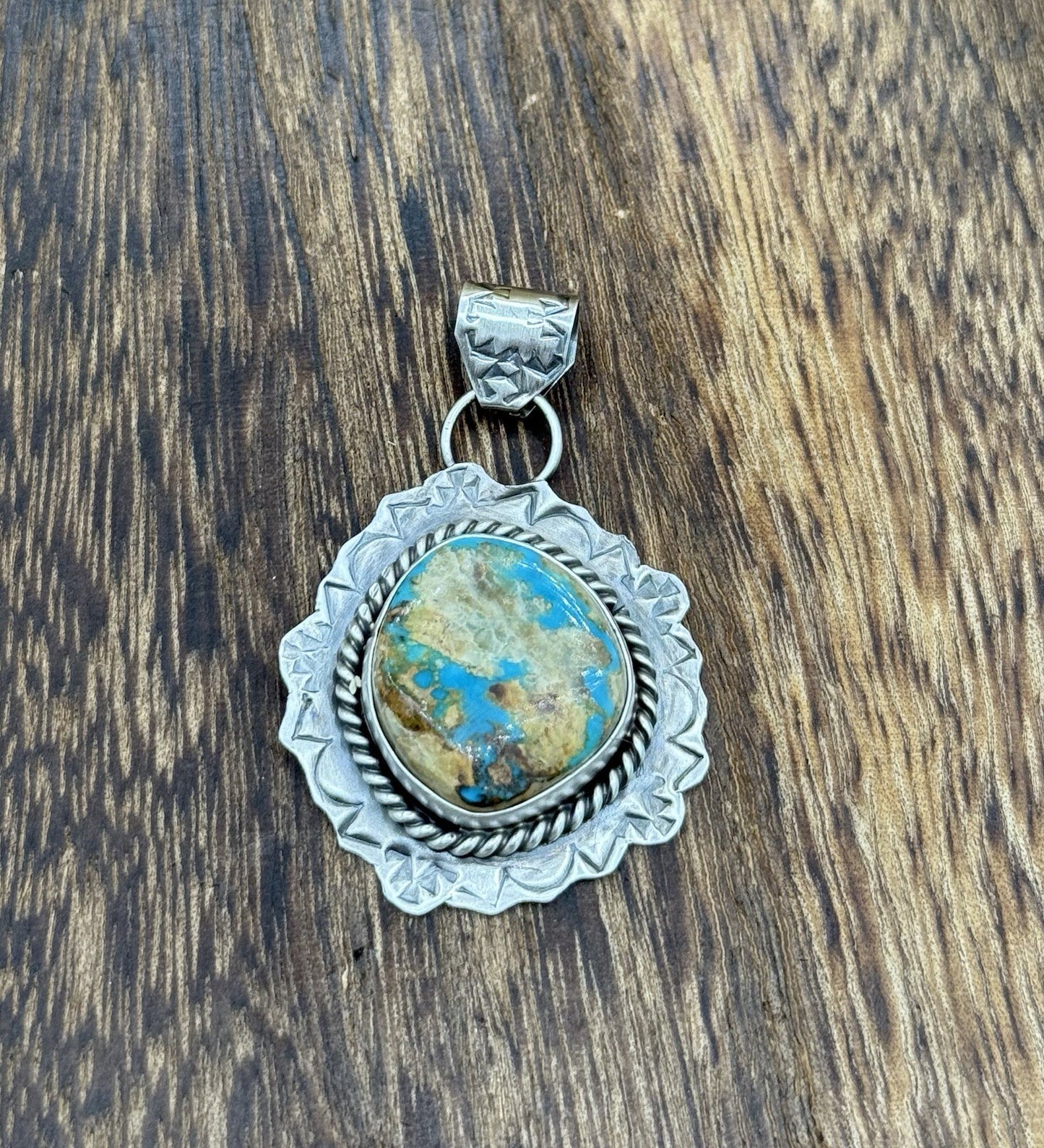 Navajo Handmade Sterling Silver Royston Turquoise Stamped Drop Pendant