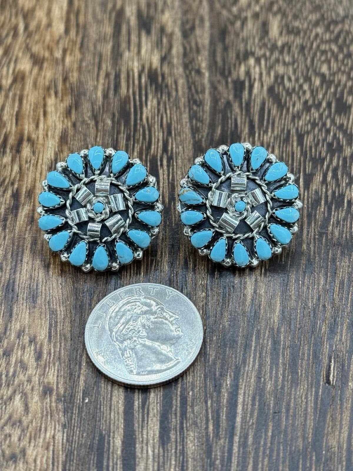 Native American Navajo Handmade Sterling Silver Turquoise Cluster Post earrings