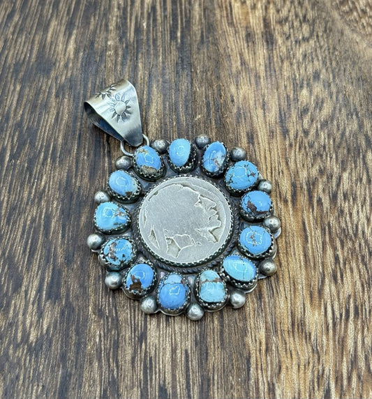 Navajo Handmade Sterling Silver Golden Hills Turquoise Cluster Coin Pendant