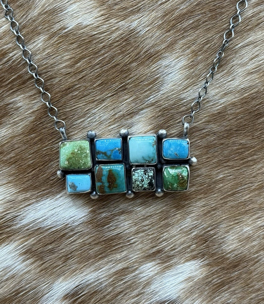 Navajo Handmade Sterling Silver Mixed Stone Turquoise Cluster Bar Necklace 18”