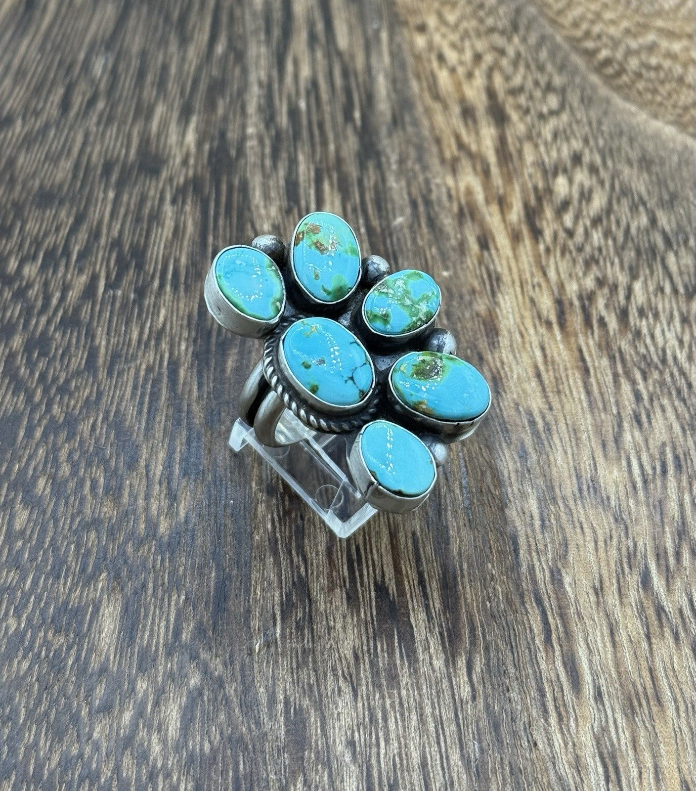 Navajo Handmade Sterling Silver Sonoran Gold Turquoise Half Cluster Ring Size 8