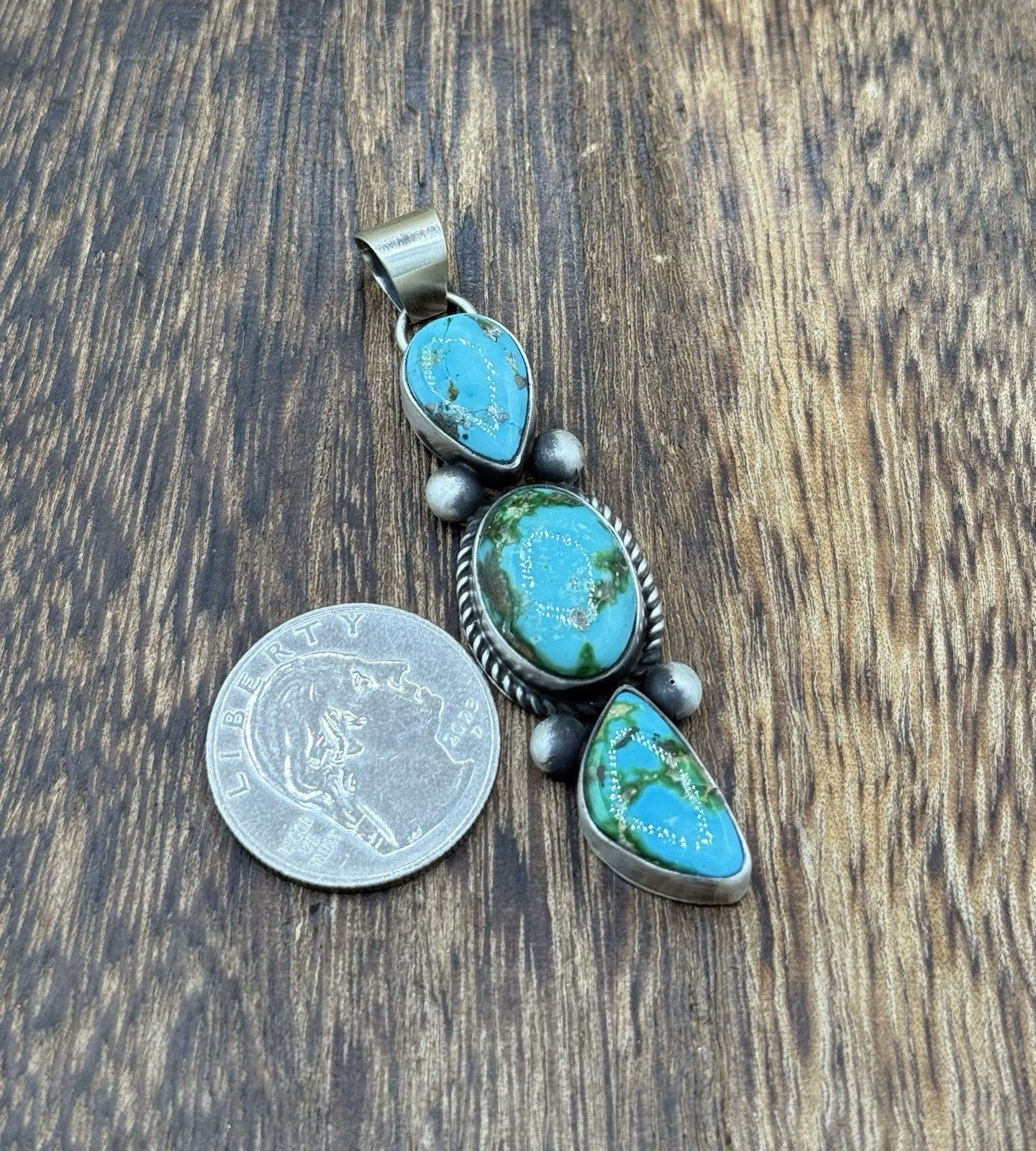 Navajo Handmade Sterling Silver Sonoran Gold Turquoise Cluster Drop Pendant