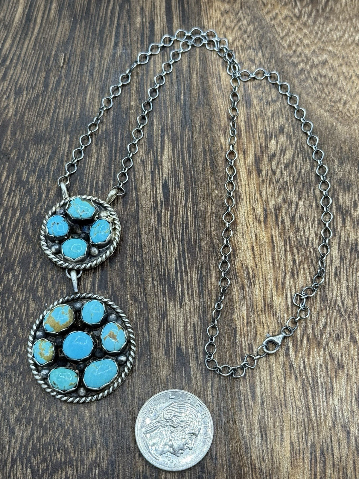 Navajo Handmade Sterling Silver Kingman Turquoise Cluster Bar Necklace 18”