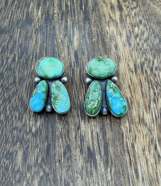 Navajo Handmade Sterling Silver Sonoran Gold Turquoise Post Cluster Earrings
