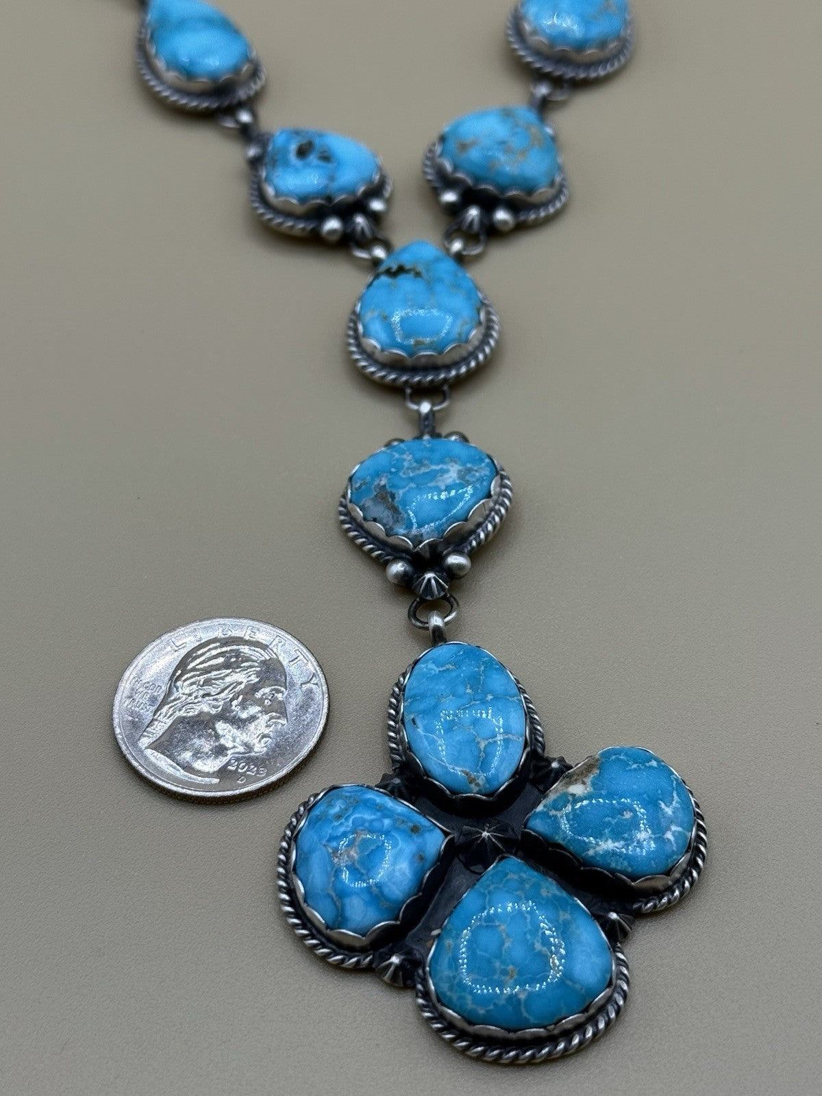 Native Navajo Handmade Sterling Silver Blue Bird Turquoise Y Lariat Necklace 24”