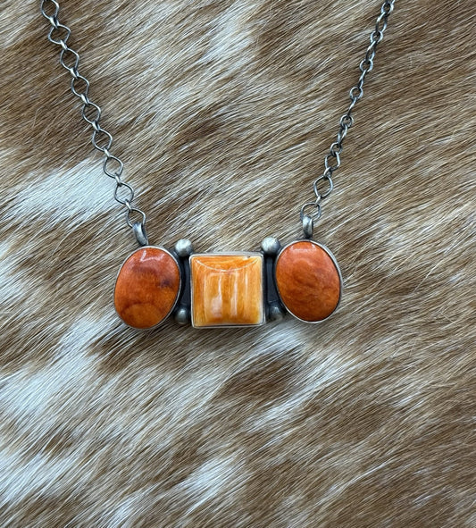 Navajo Handmade Sterling Silver Orange Spiny Oyster Cluster Bar Necklace 18”