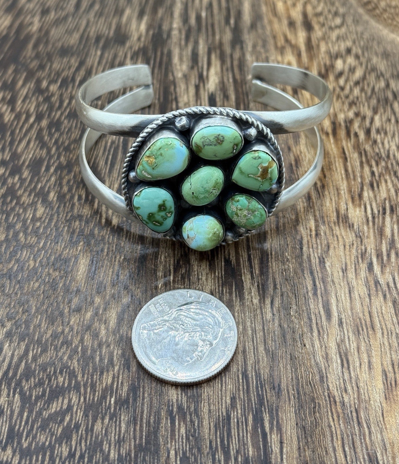 Navajo Handmade Sterling Silver Sonoran Gold Turquoise Cluster Cuff Bracelet