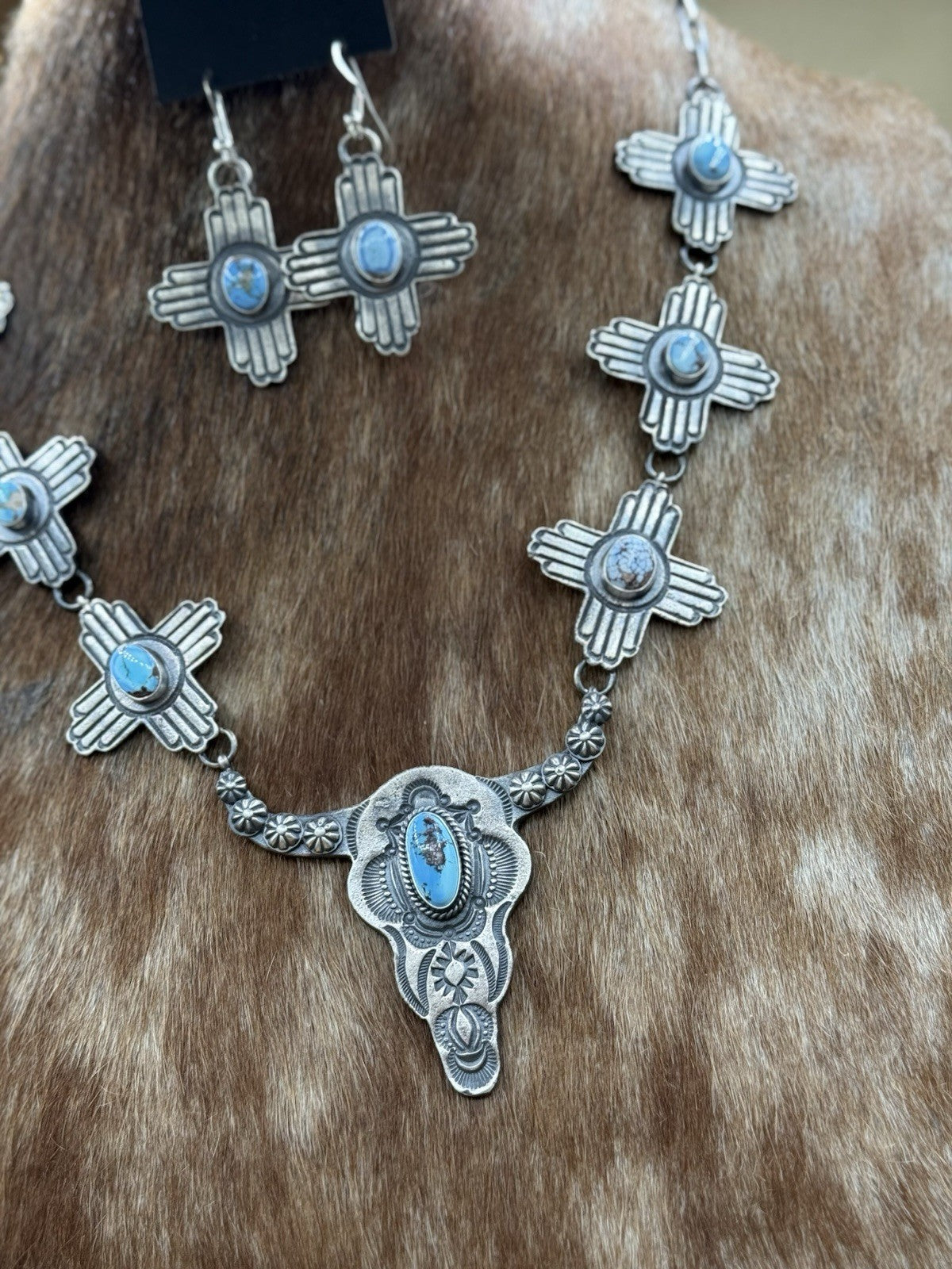 Navajo Handmade Sterling Silver Golden Hills Turquoise Longhorn Zia Necklace Set