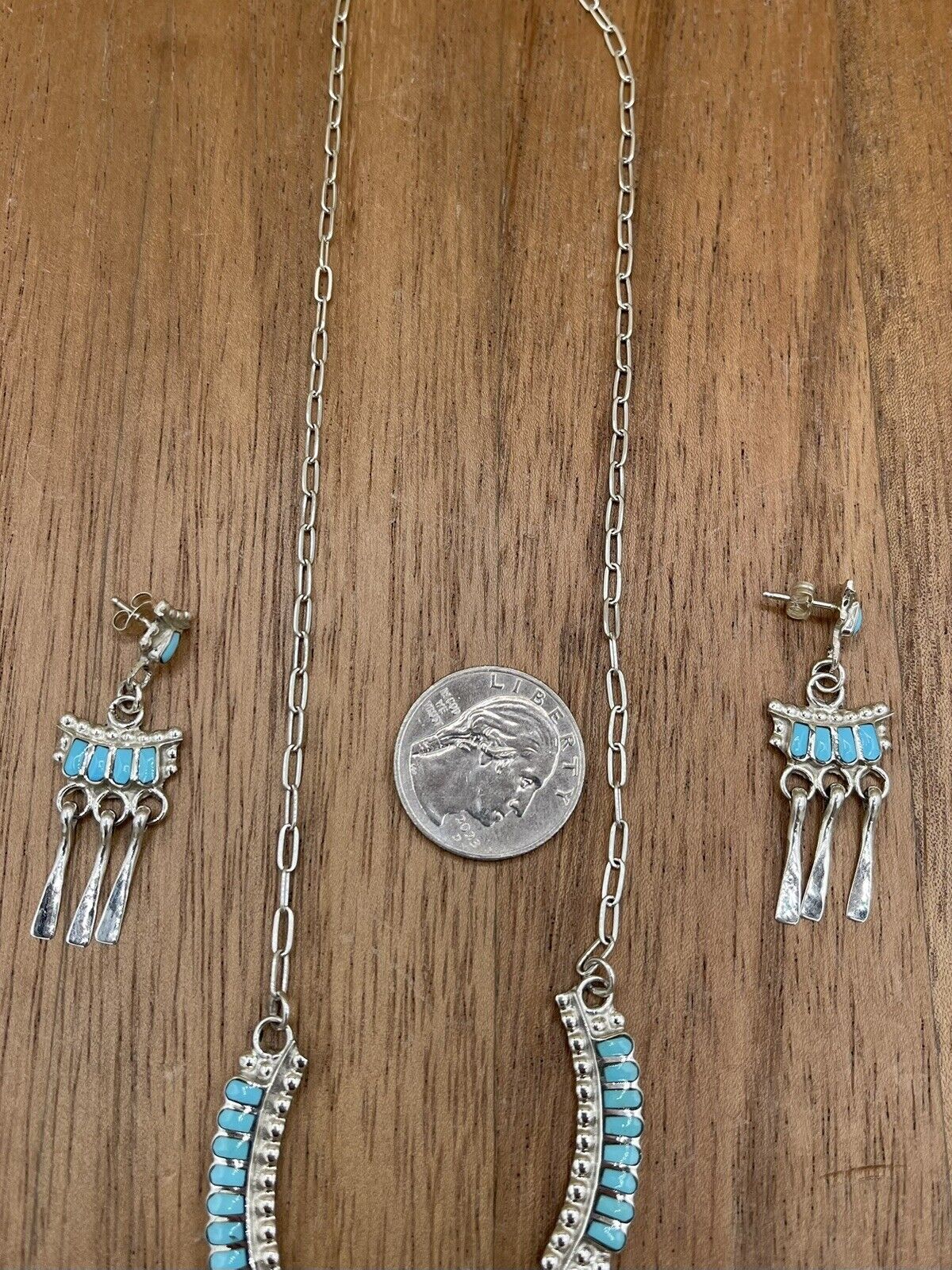 Native American Zuni handmade Sterling Silver Turquoise Inlay Dangle Necklace