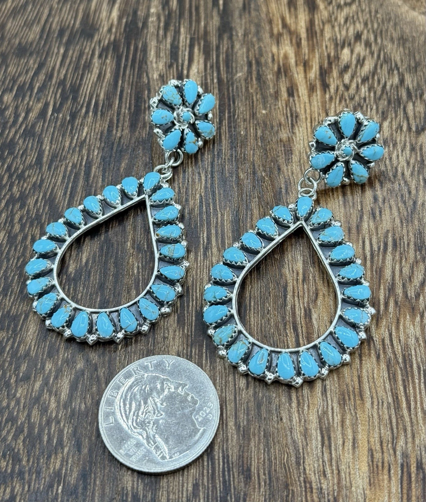 Navajo Handmade Sterling Silver Turquoise Cluster Post Drop earrings Large
