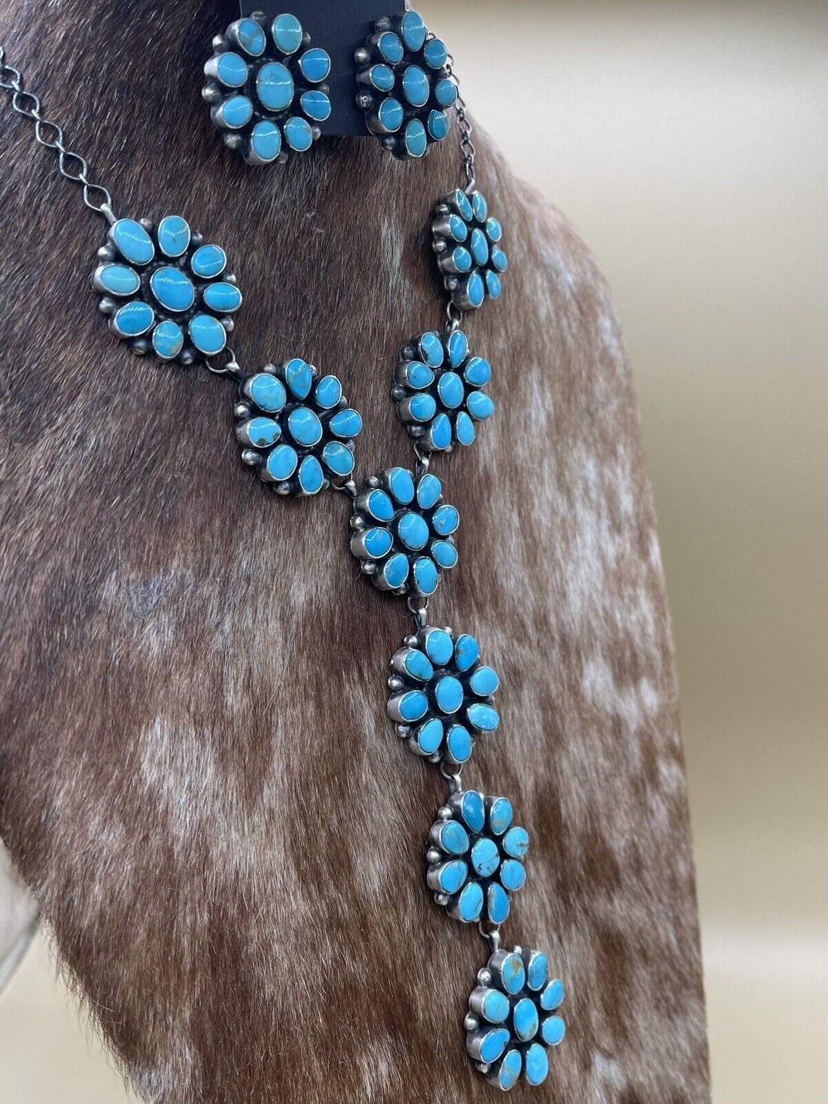 Native American Navajo Silver Kingman Turquoise Cluster Y Lariat Necklace 20”