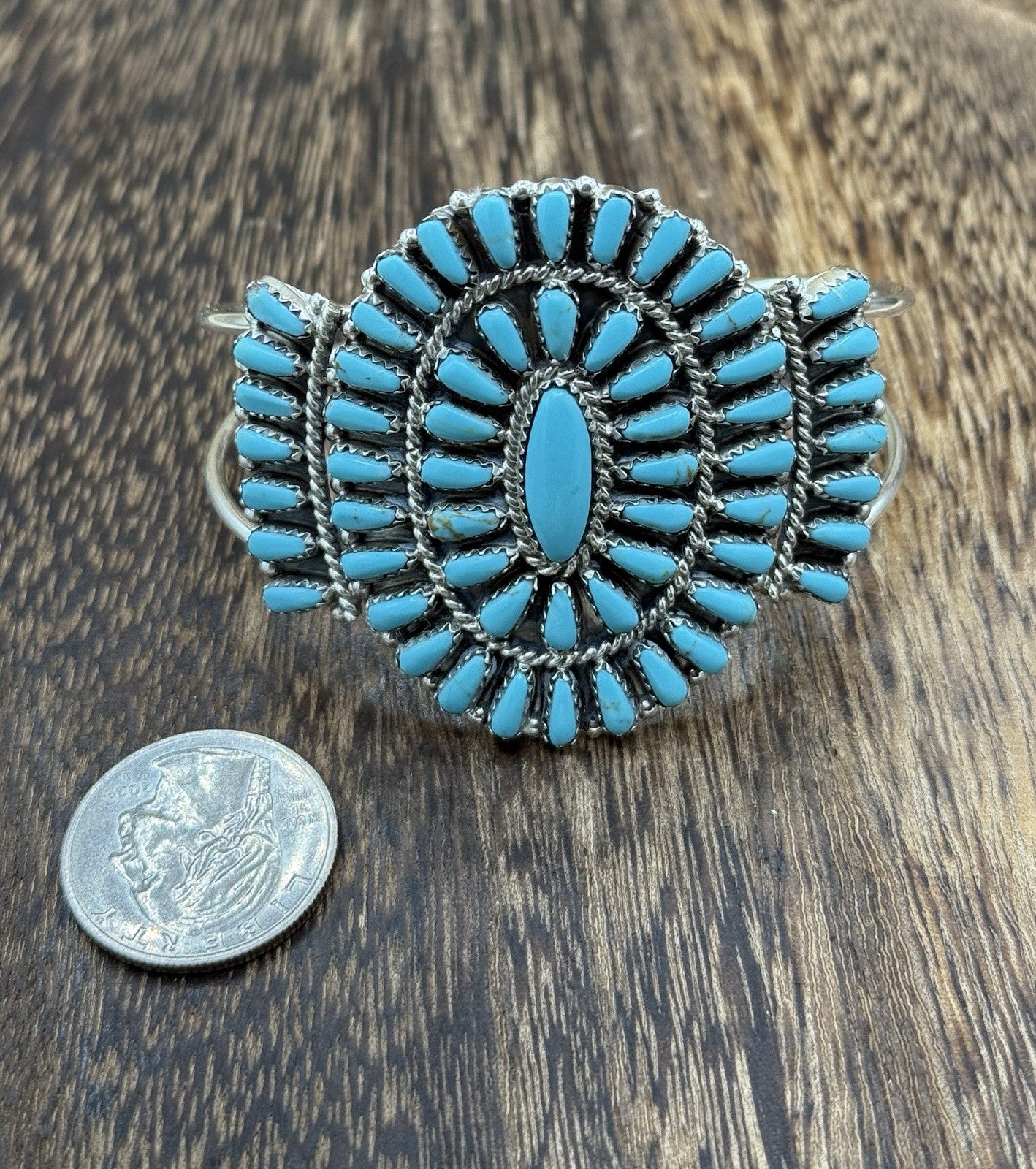 Native American Navajo Handmade Sterling Silver Turquoise Cluster Cuff Bracelet