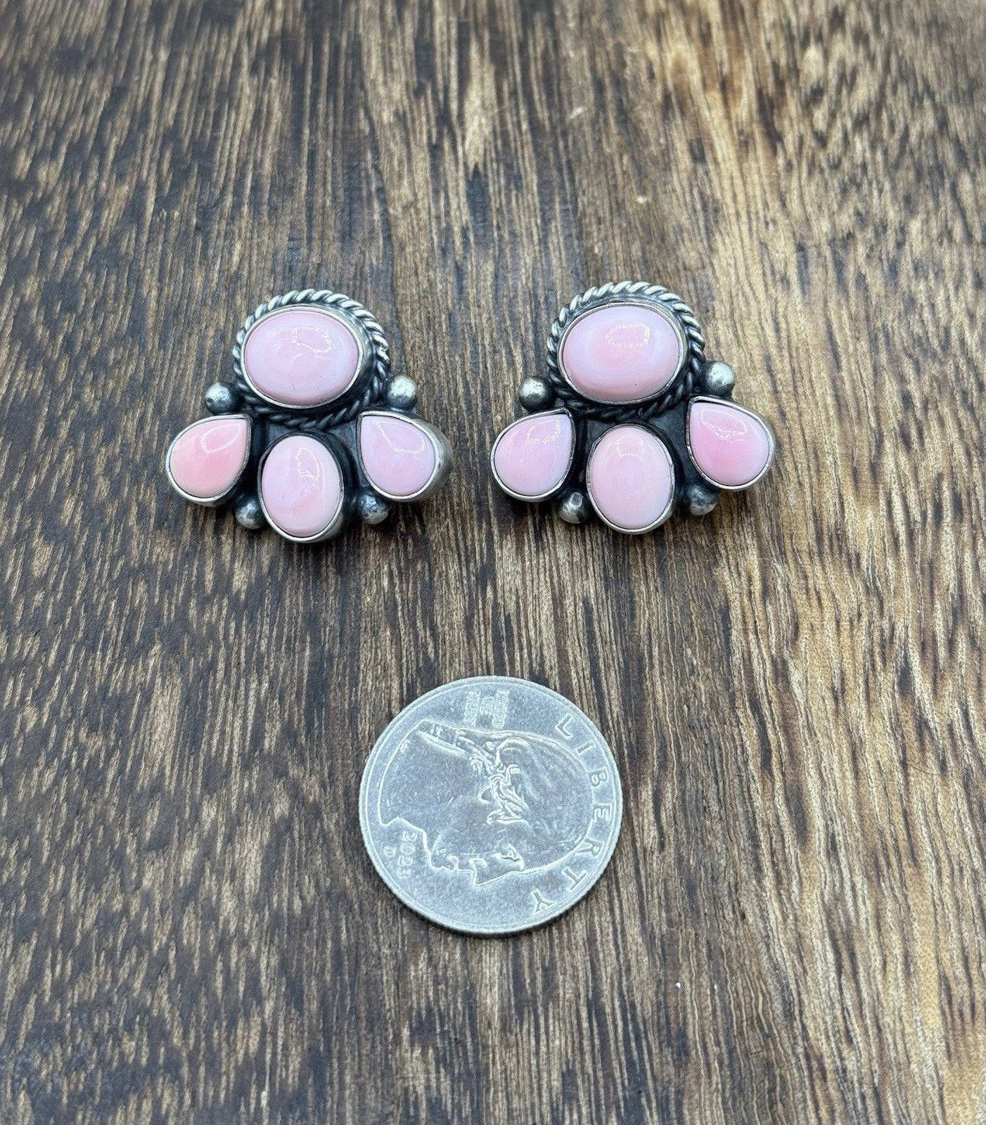Native Navajo Handmade Sterling Silver Pink Conch Shell Cluster Earrings