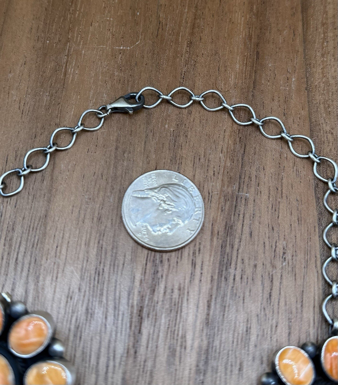 Navajo Handmade Silver Orange Spiny Oyster Cluster Lariat Dangle Necklace 24”