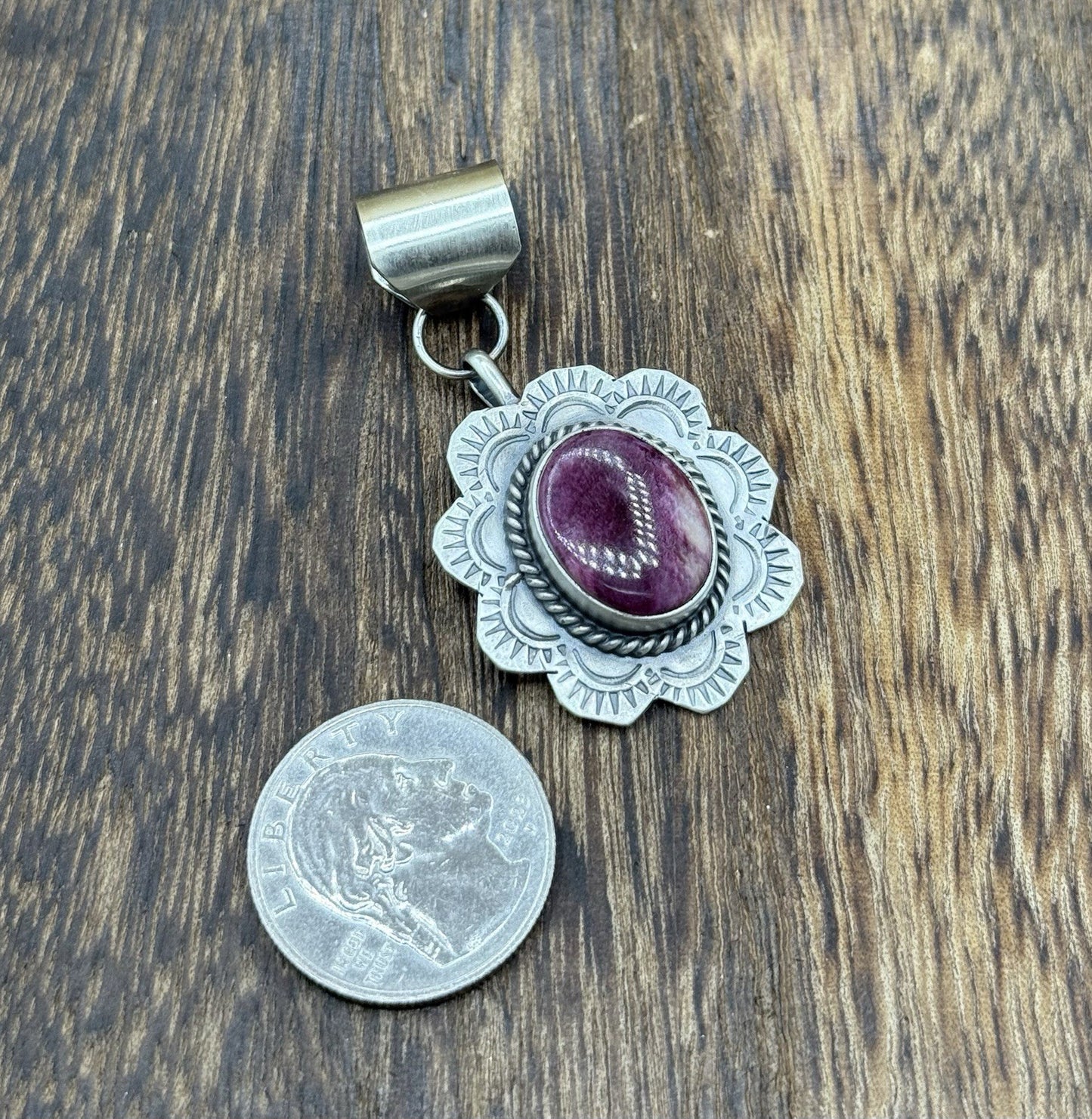 Navajo Handmade Sterling Silver Orange Spiny Oyster Shell Stamped Drop Pendant