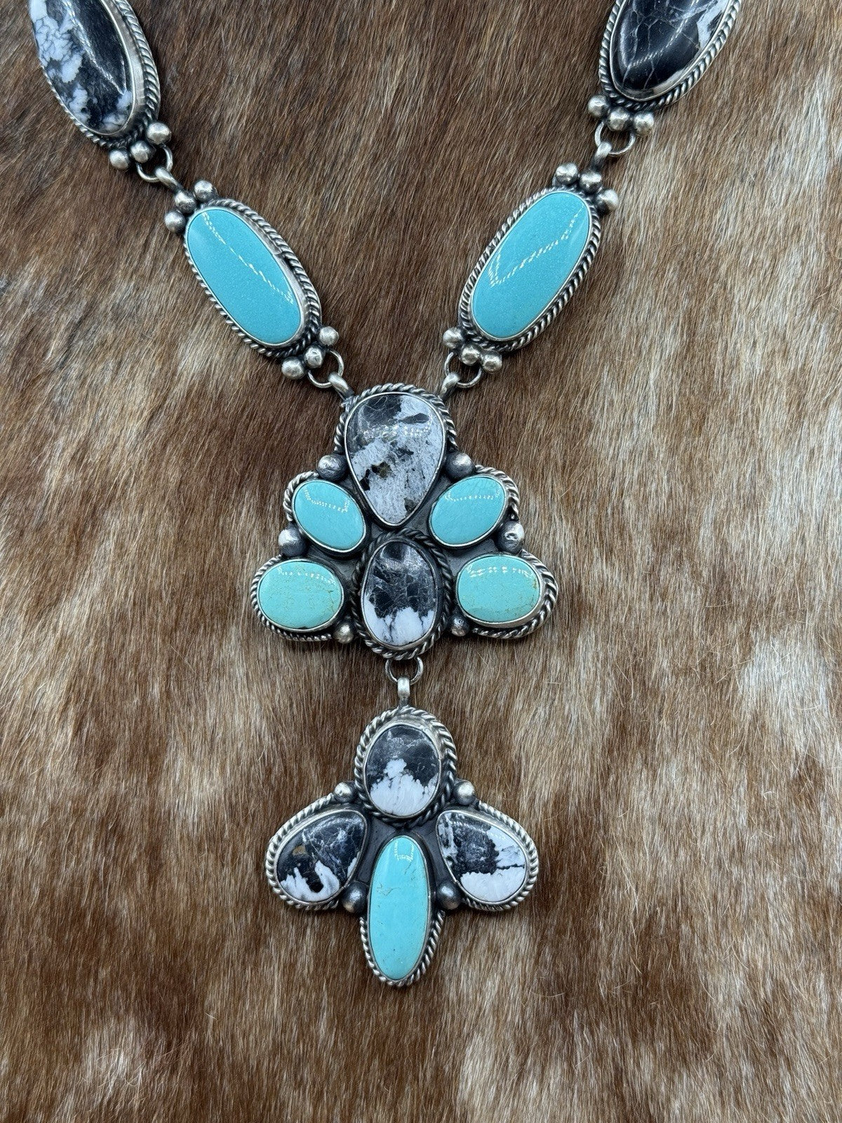 Navajo Handmade Sterling Silver Turquoise &White Buffalo Cluster Lariat Necklace