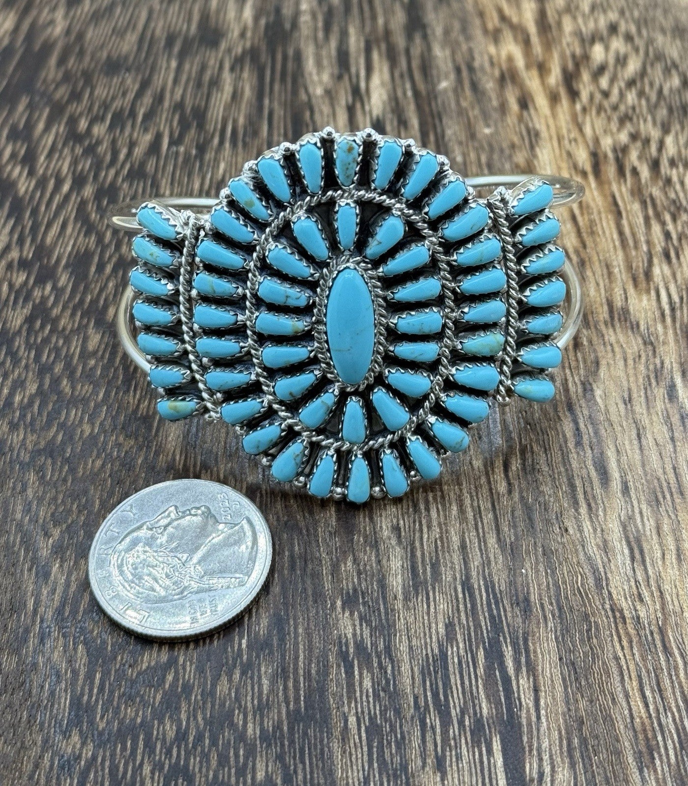 Native American Navajo Handmade Sterling Silver Turquoise Cluster Cuff Bracelet