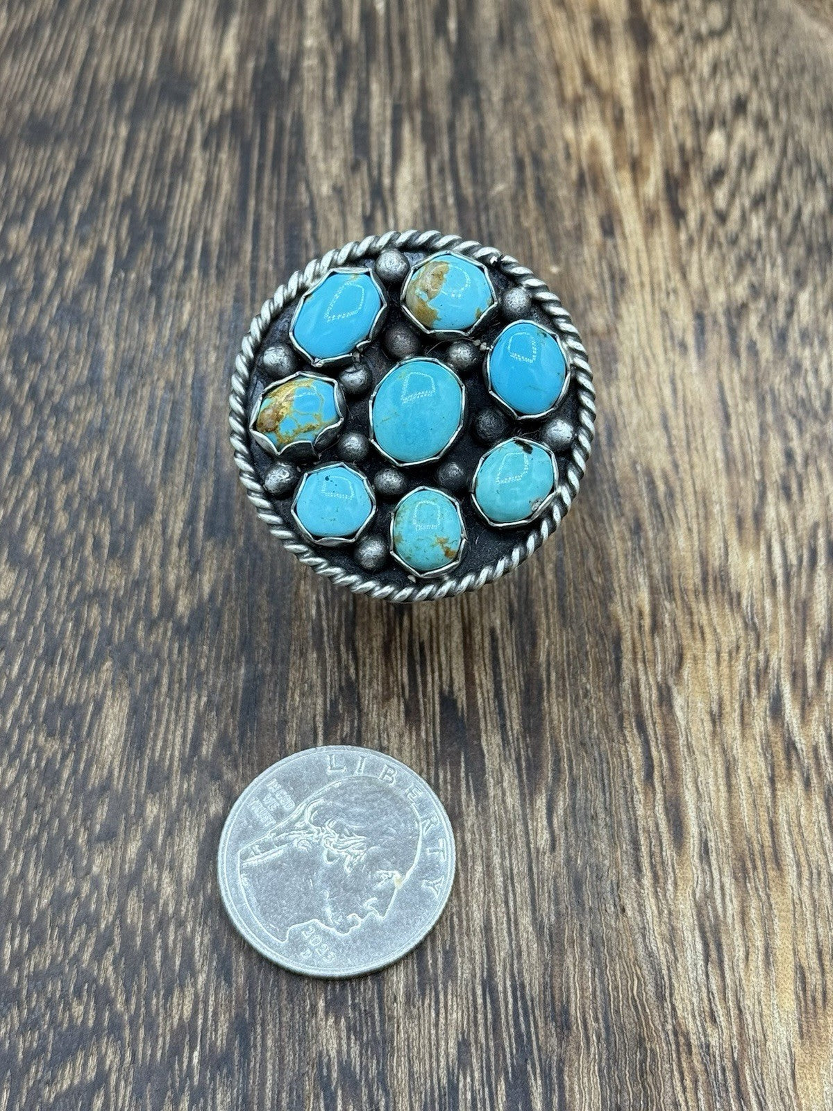 Navajo Handmade Sterling Silver Kingman Turquoise Adjustable Ring Size 7 To 9