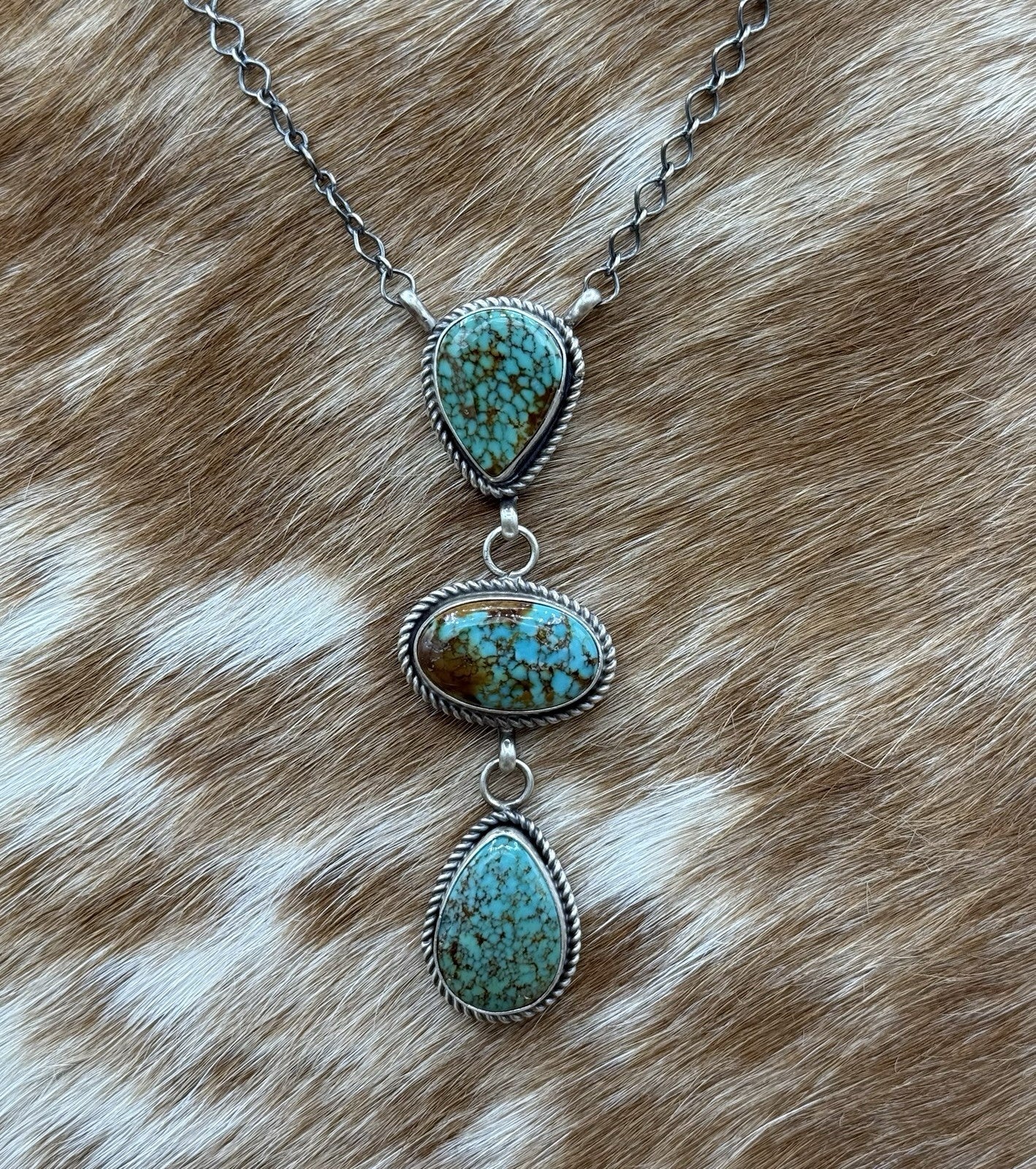 Native Navajo Handmade Sterling Silver Kingman Turquoise Lariat Necklace 18”