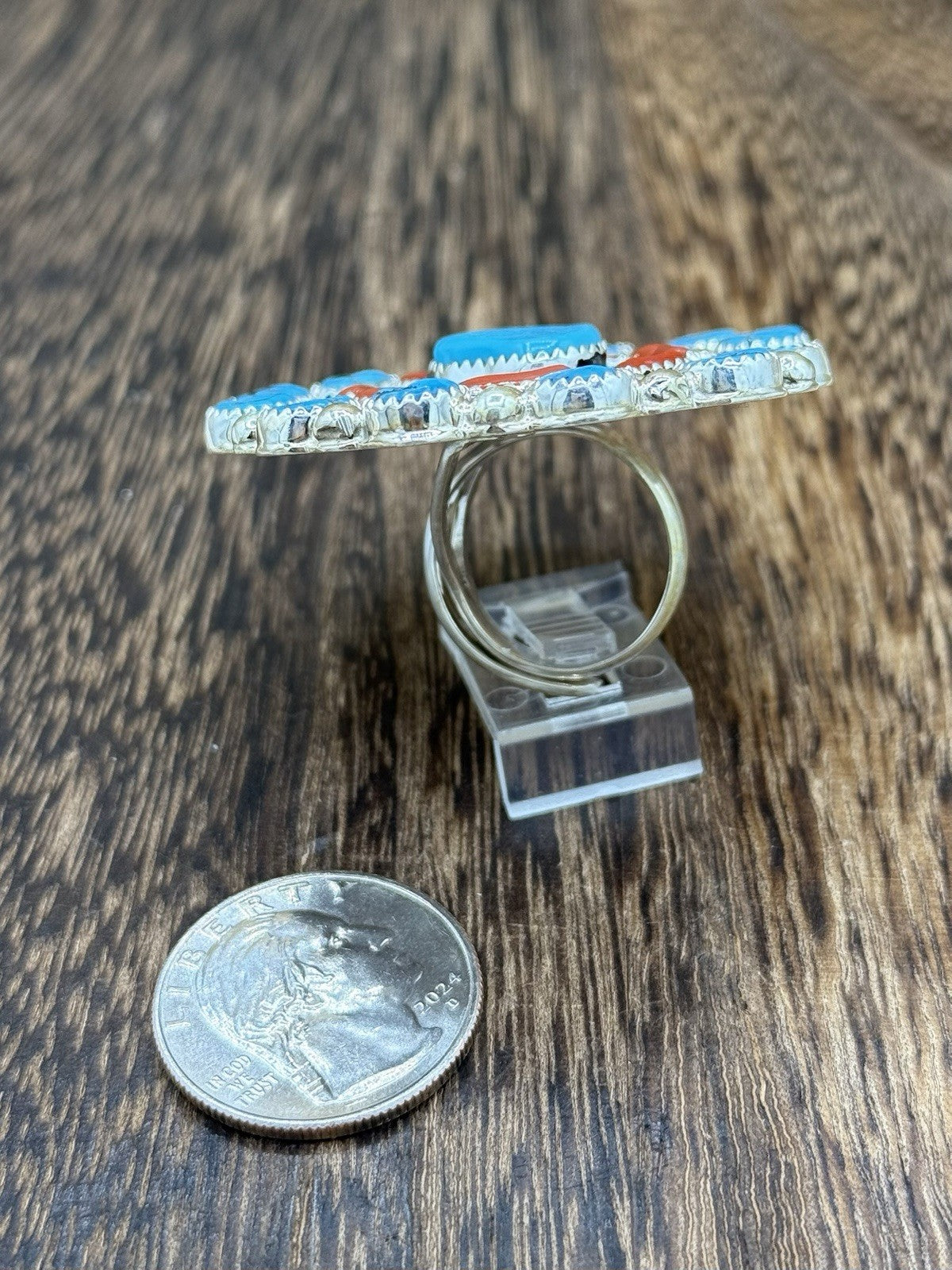 Navajo Handmade Sterling Silver Sleeping Beauty Turquoise & Coral Adjustable 6-9