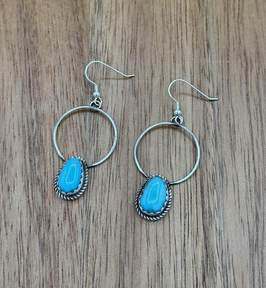 Navajo Handmade Sterling Silver Kingman Turquoise Hoop Dangle Drop Earrings