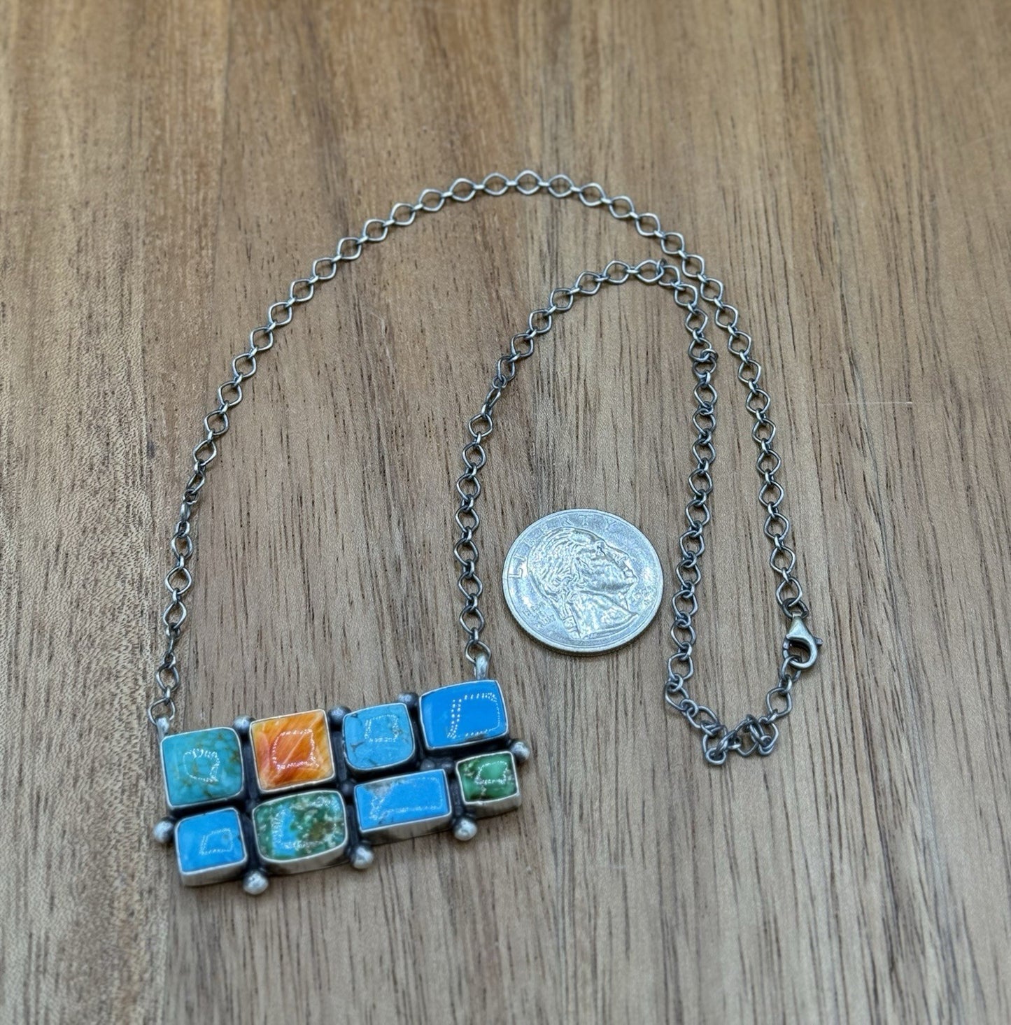 Navajo Handmade Sterling Silver Mixed Stone Turquoise Cluster Bar Necklace 18”