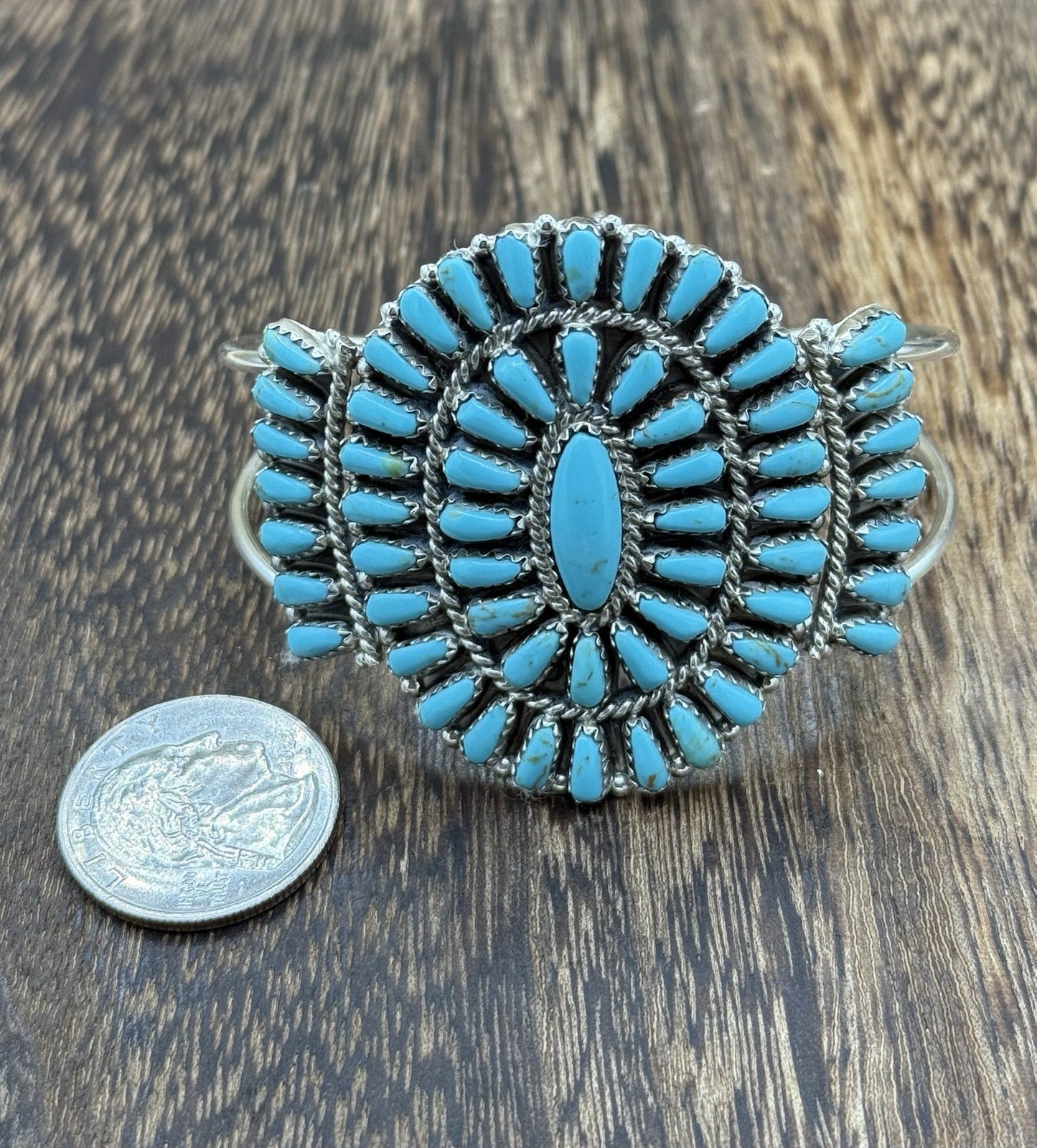 Native American Navajo Handmade Sterling Silver Turquoise Cluster Cuff Bracelet
