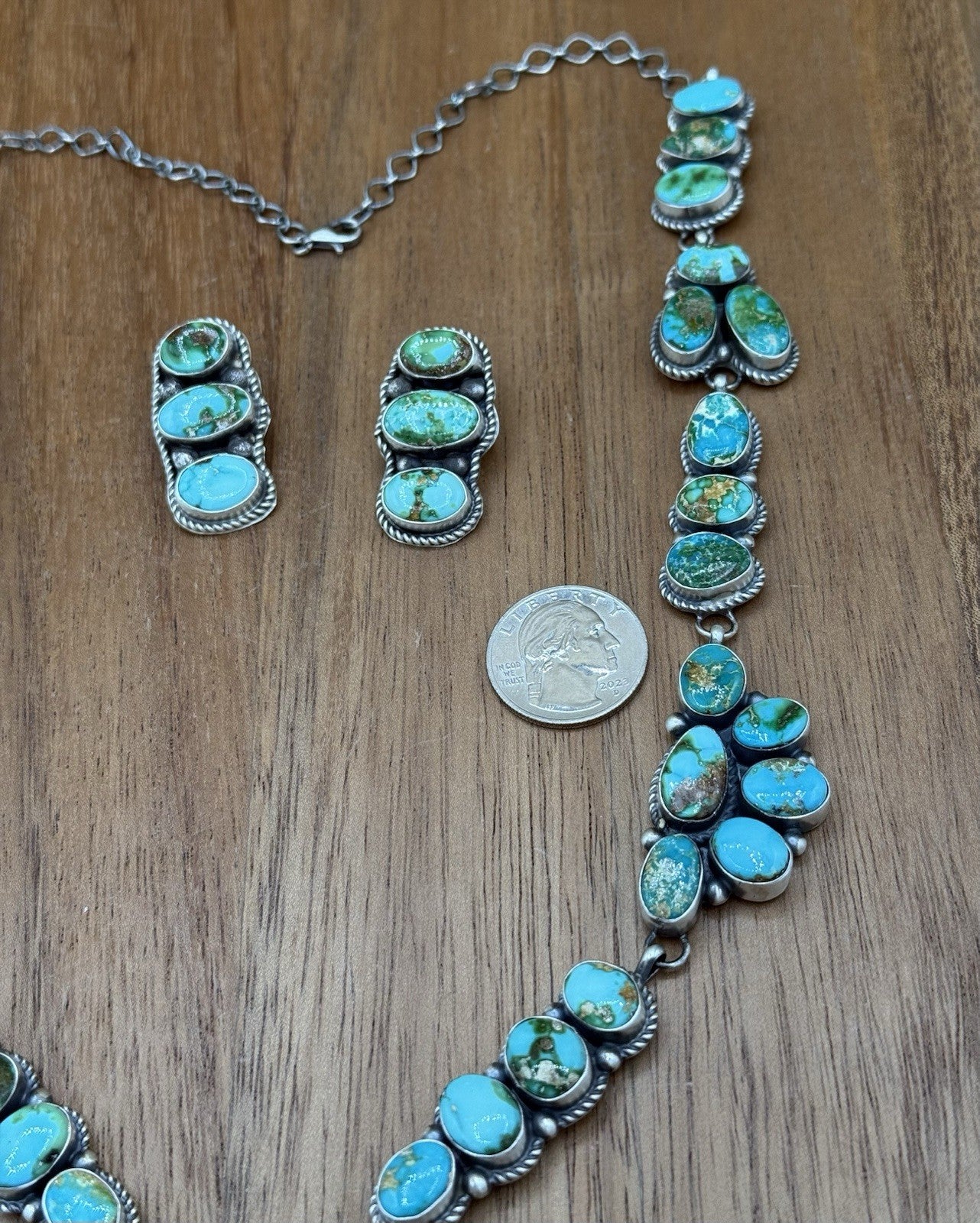Navajo Handmade Sterling Silver Sonoran Gold Turquoise Cluster Lariat Necklace