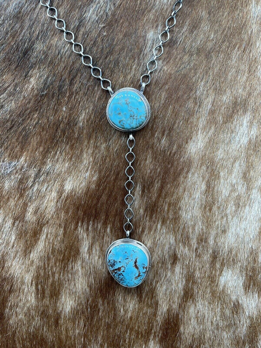 Native American Navajo Handmade Silver Egyptian Turquoise Y Lariat Necklace 16”