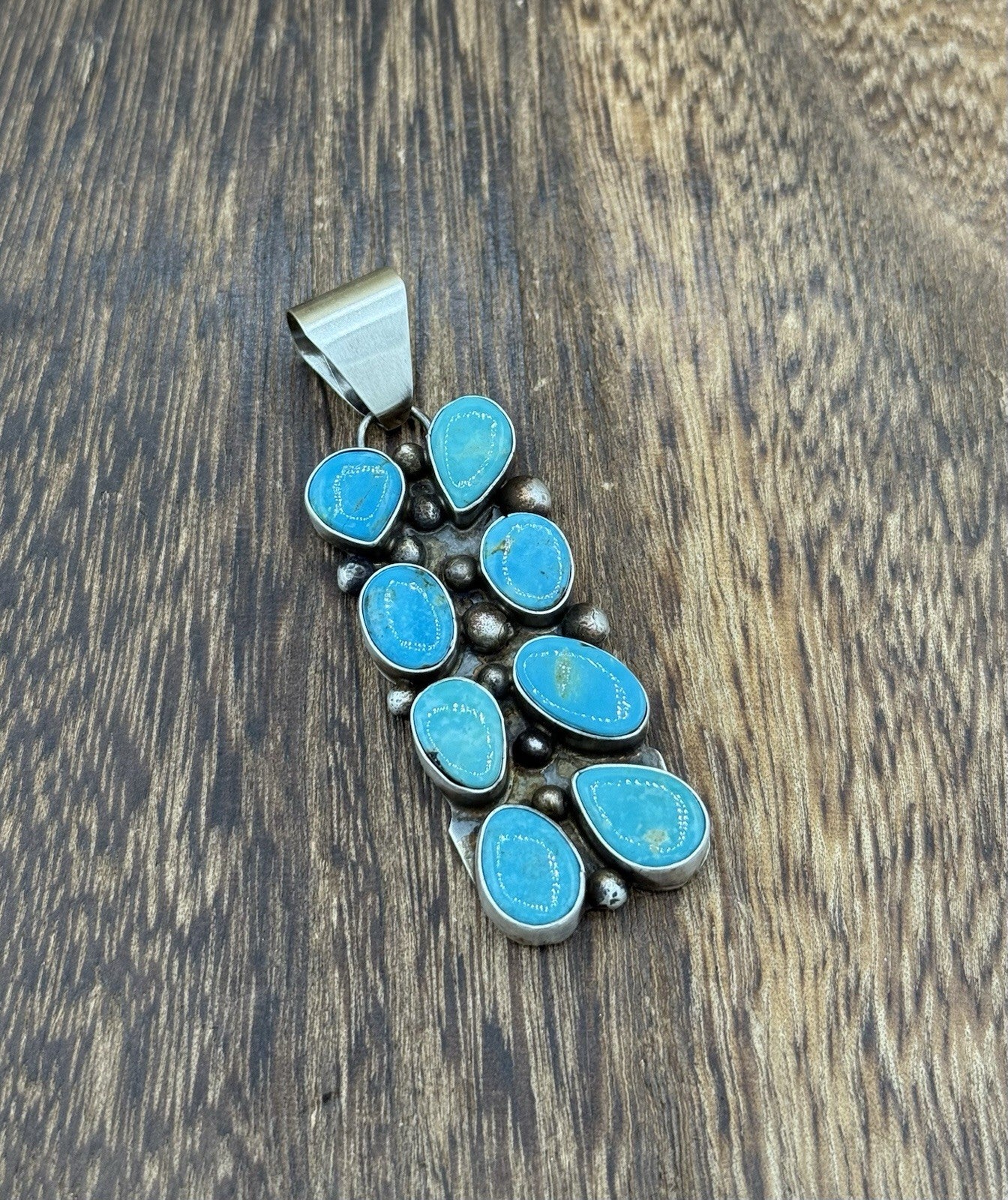 Native Navajo Handmade Sterling Silver Kingman Turquoise Cluster Drop Pendant