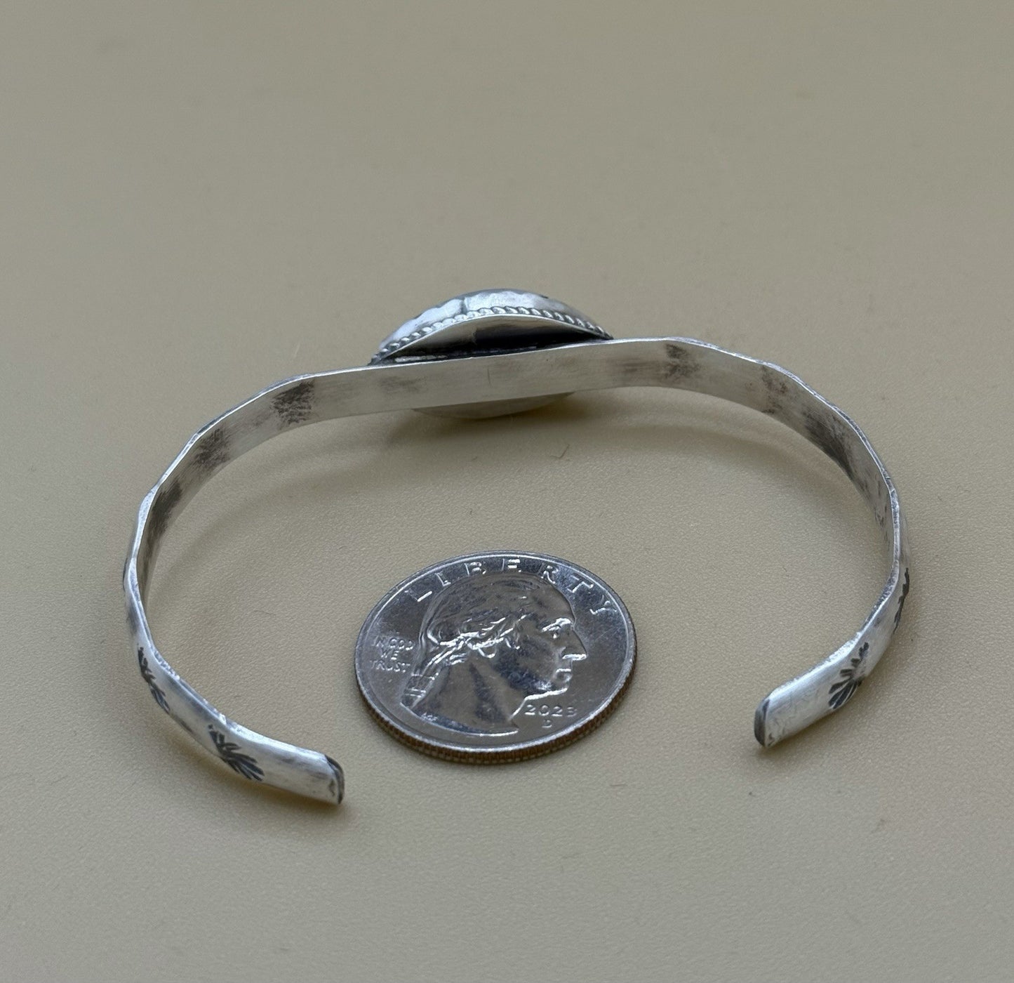 Navajo Handmade Sterling Silver White Buffalo Stamped Stacker Cuff Bracelet