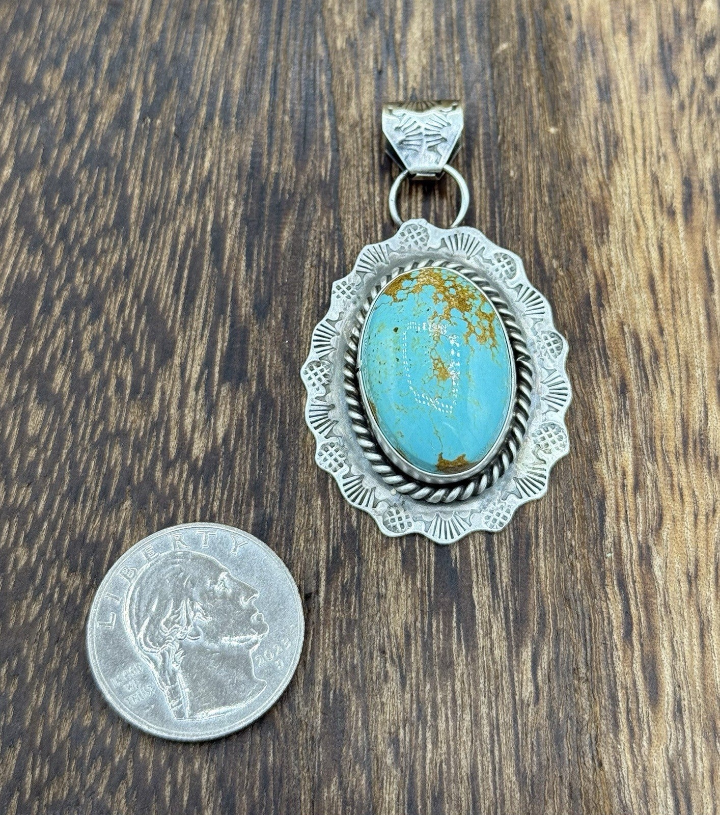 Navajo Handmade Sterling Silver Blue Glacier Turquoise Stamped Drop Pendant