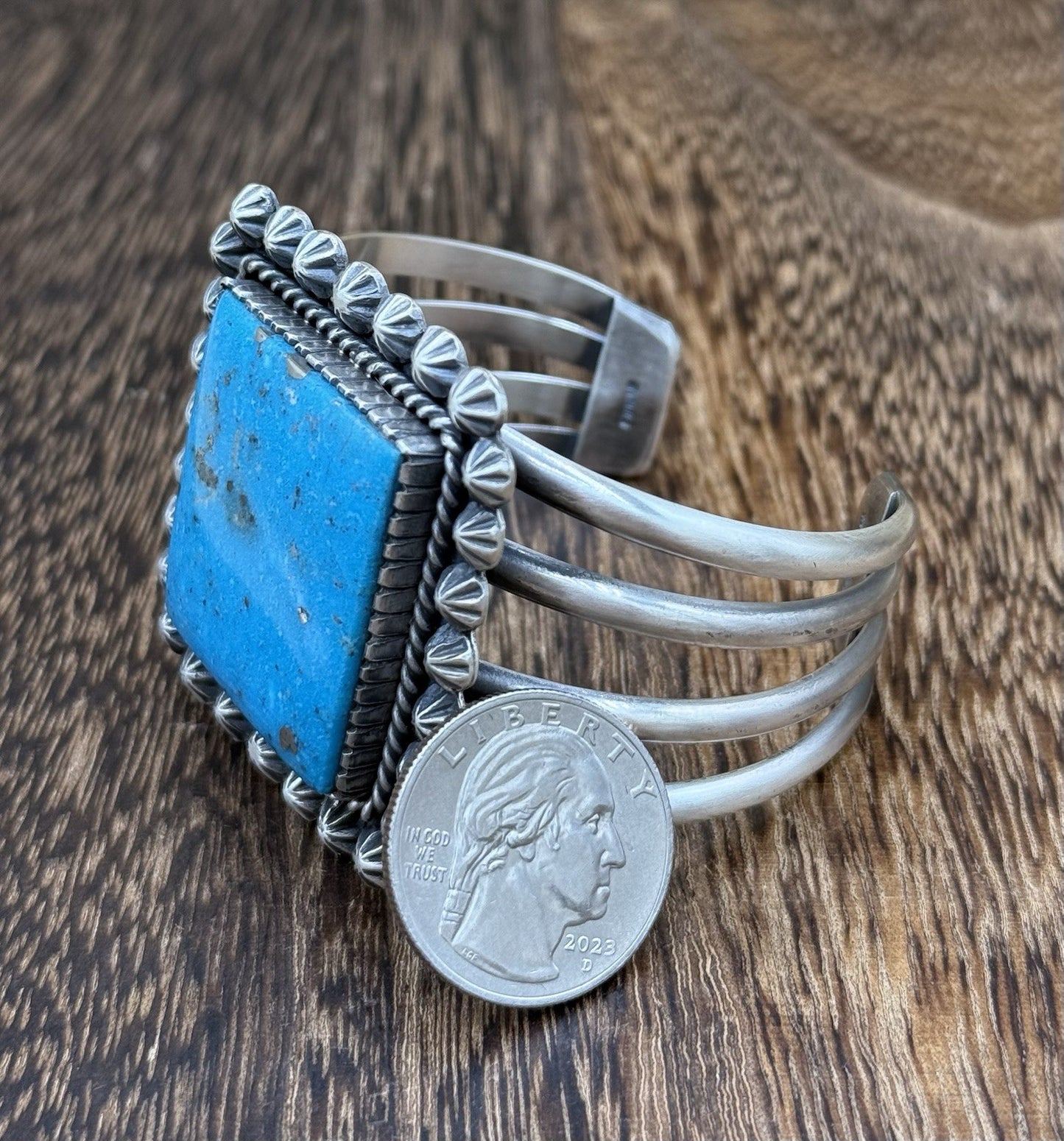 Native Navajo Handmade Sterling Silver Morenci Turquoise Old Look Cuff Bracelet