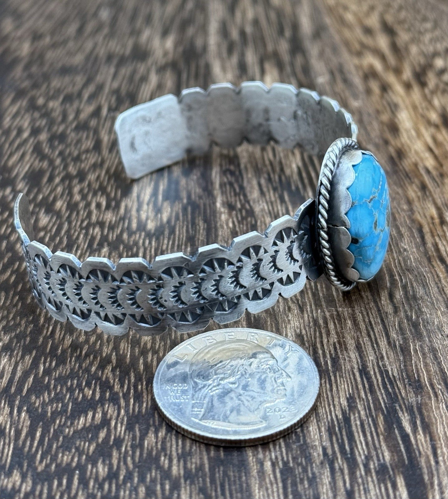 Navajo Handmade Sterling Silver Blue Bird Turquoise Stacker Cuff Bracelet