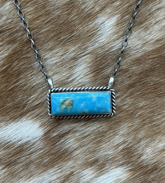 Navajo Handmade Sterling Silver Kingman Turquoise Bar Necklace 16” Augustine L.