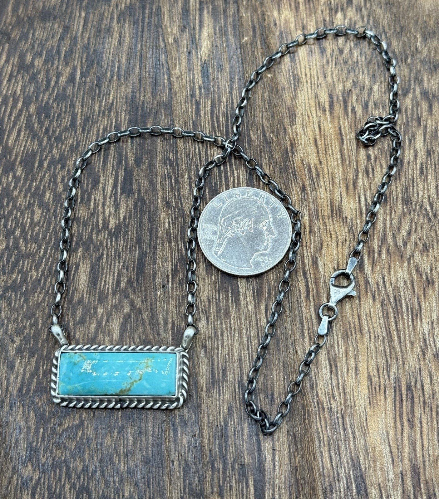 Native Navajo Handmade Sterling Silver Kingman Turquoise Bar Necklace 18”