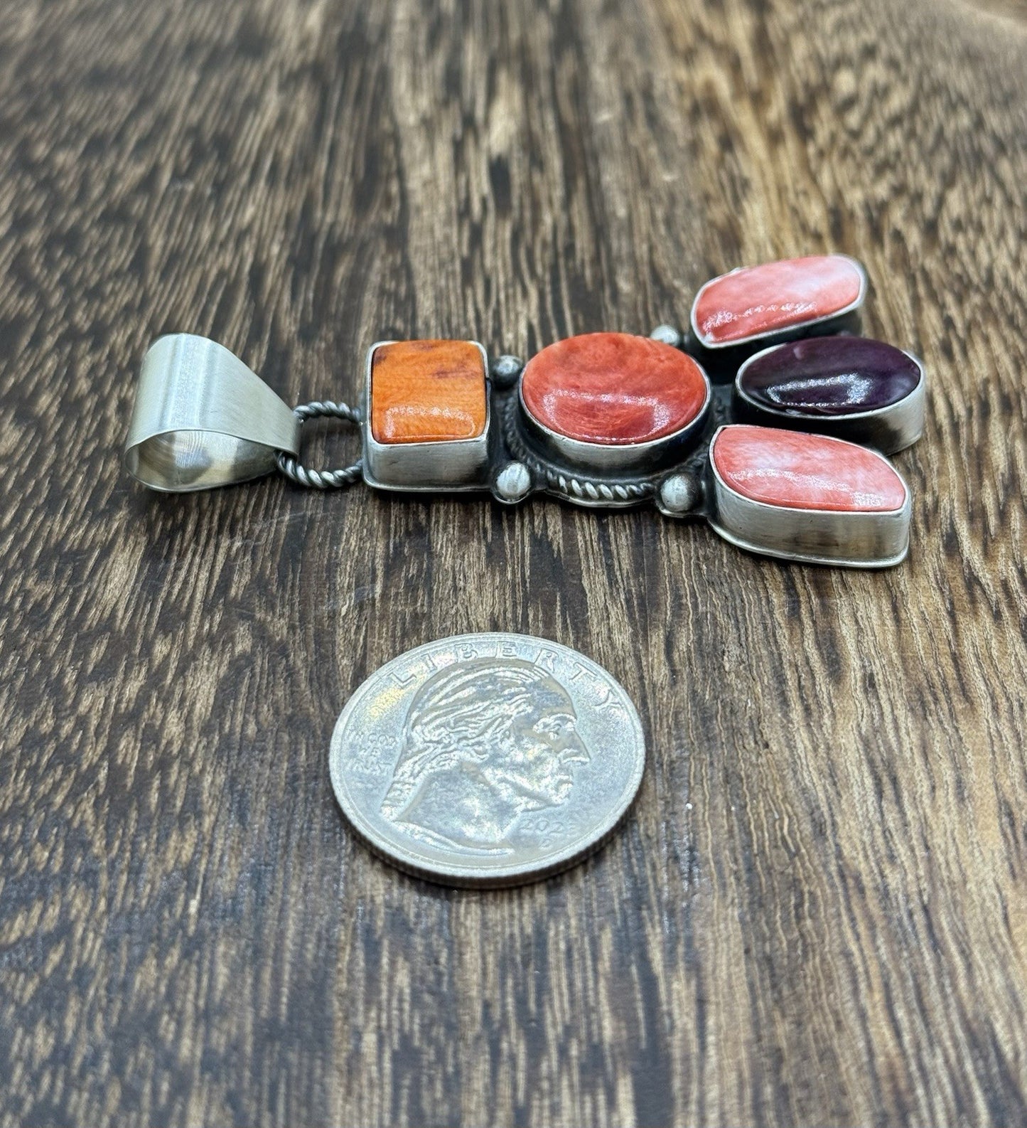 Native Navajo Handmade Sterling Silver Multi Spiny Oyster Shell Cluster Pendant