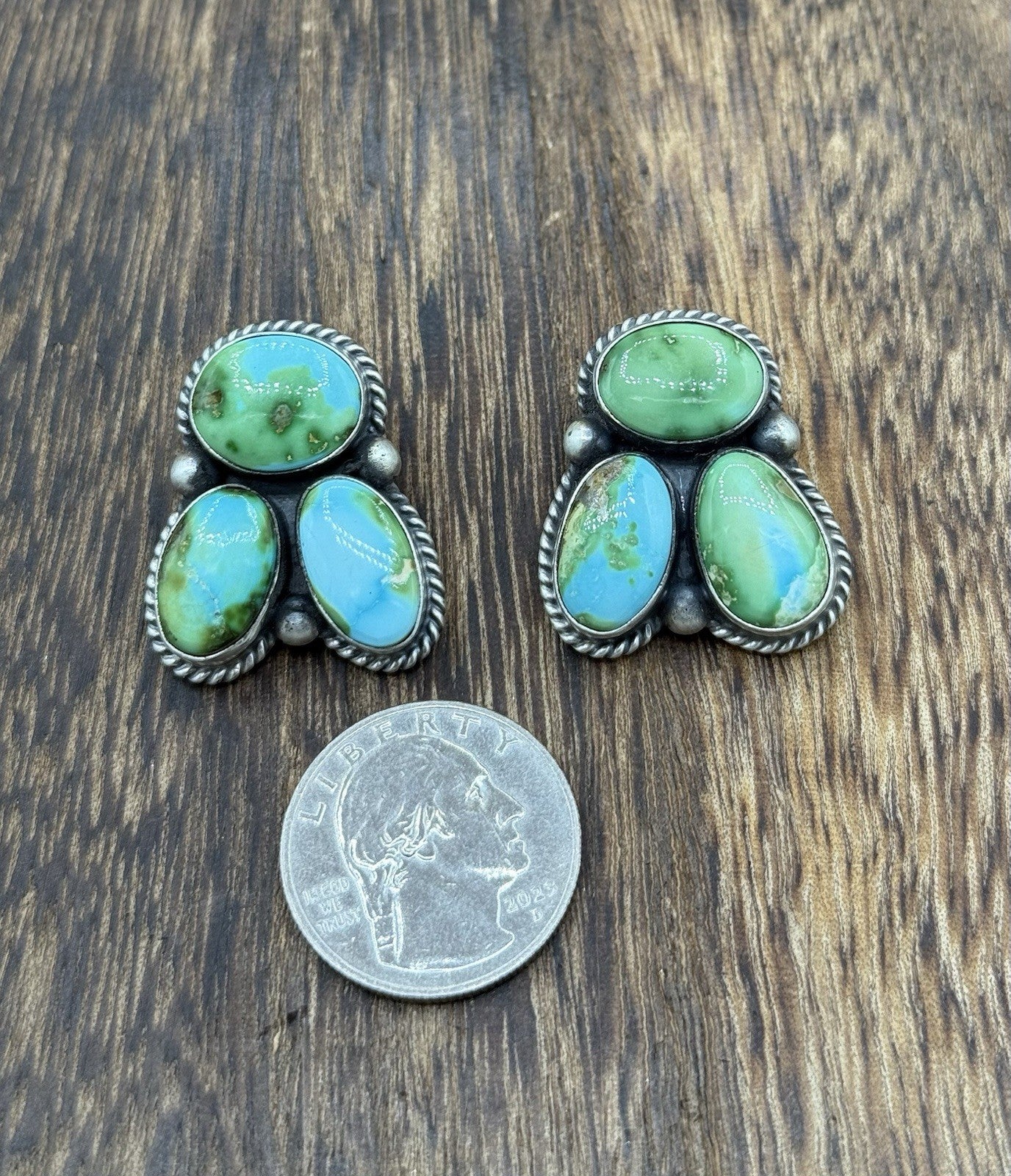 Navajo Handmade Sterling Silver Sonoran Gold Turquoise Post Cluster Earrings