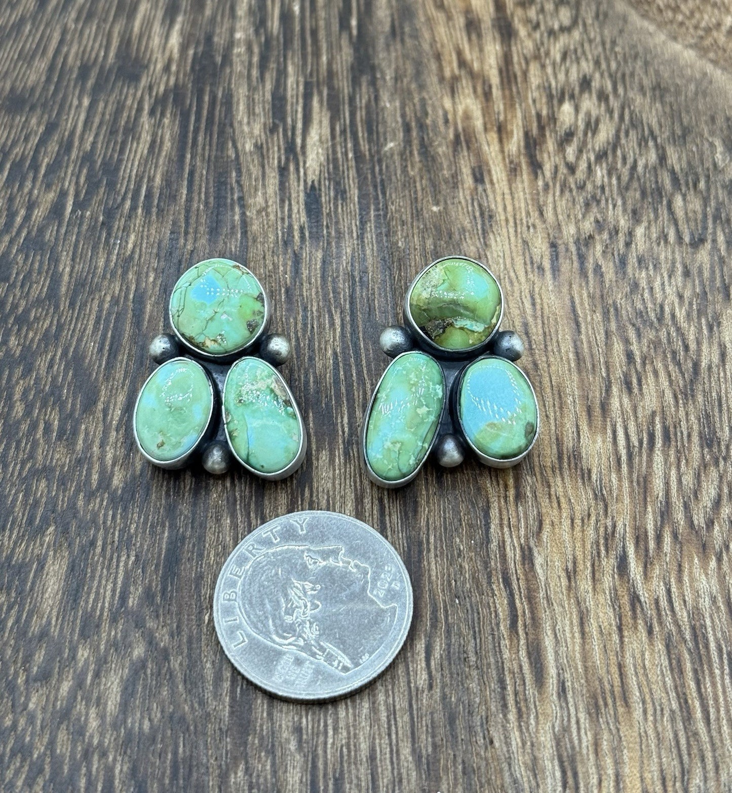 Navajo Handmade Sterling Silver Sonoran Gold Turquoise Post Cluster Earrings